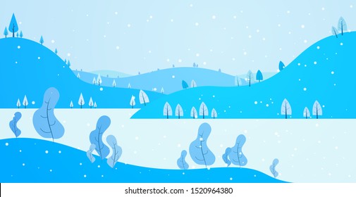 Winter panoramic landscape background with trees, hills and river in flat colorful style. Cartoon vector horizontal illustration. Seasonal concept for design banner, card.