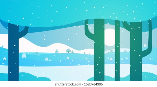 Winter panoramic landscape background with trees, hills and river in flat colorful style. Cartoon vector horizontal illustration. Seasonal concept for design banner, card.