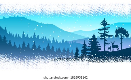 Winter panoramic landscape with forest outline, pine trees, blue sky, hills, mountains. Wild nature background with panoramic view, reindeer silhouette, snowfall. Winter horizontal north landscape