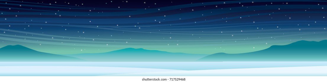 Winterpanorama-Landschaft mit Schnee, Silhouette der Berge und nächtlicher Sternenhimmel. Vektorgrafik.