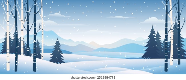 Winter panoramic natural landscape. Beautiful winter landscape, fields with snowdrifts, mountains, forest, pine, birch and spruce trees in snowy weather. Landscape vector illustration for Christmas.