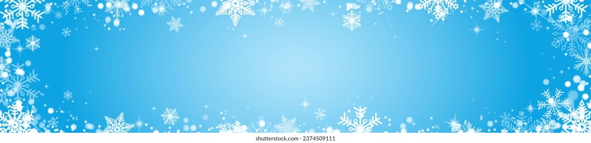 Winter panoramic snow background with snowflakes and sparks. Snowfall on a blue background. Christmas background. Falling snow. Vector illustration.