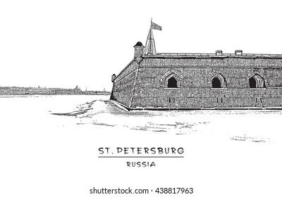 Winter panoramic view of St. Petersburg, Russia. Vector illustration of Peter-Pavel Fortress. Black and white vector stylized engraved Image. EPS 10. Easy editable image. Result of Auto-Trace.