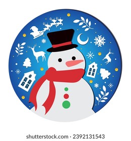 Winter paper art banner with snowman character and christmas objects Vector illustration