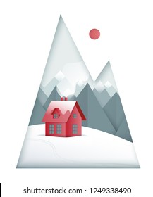 Winter paper art landscape. Mountains and small red house on the snowy field. Vector illustration.