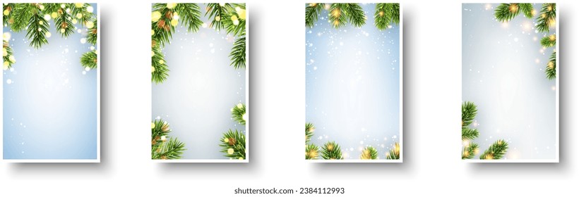 Winter paper cards with green fir twigs and place for text. Christmas template. Vector illustration.