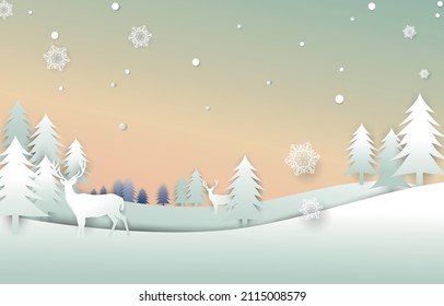 Winter Paper Cut Background With 2 Deer