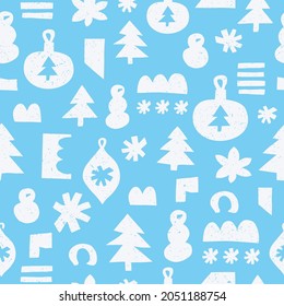 Winter paper cut seamless pattern with christmas tree, toy, fir, snowman, snowflake. Surface decoration. Vector background.