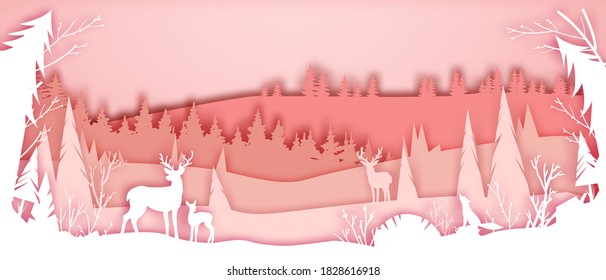 Winter paper cut vector landscape with forest outline, reindeer, fox silhouette, pine trees. Christmas holiday background with woodland, hills, branches. Minimal nature winter landscape banner in pink