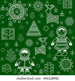 Winter paper green wrapper with inuit, reindeers and trees