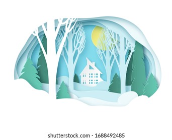 Winter paper landscape with house. Snowy forest with trees without leaves and fir trees. Snowdrifts, snow, sunny day. Glade. Vector illustration