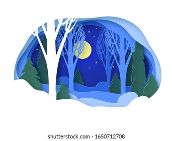 Winter paper landscape. Snowy forest with trees without leaves and fir trees. Snowdrifts, snow, moonlit night, stars in the sky. Glade. Vector illustration