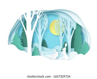 Winter paper landscape. Snowy forest with trees without leaves and fir trees. Snowdrifts, snow, sunny day. Glade with two rabbits. Vector illustration