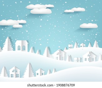 Winter Paper Origami Landscape With House With Gradient Mesh  Vector Illustration