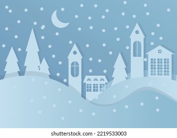 winter papercut landscape smal houses blue color christmas new year vector illustration