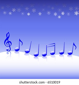 A winter parade of blue Christmas carol music notes on a snow background.