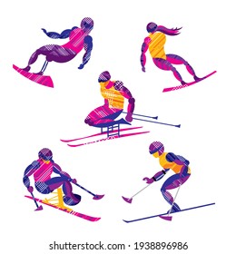 Winter Paralympic sports. Set of athletes on a white background. Decorative stylish design