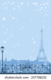 winter Paris background - eiffel tower among falling snow vector design
