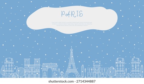 Winter Paris Hintergrund horizontales Banner mit Architektur Skyline in handgezeichneter Skizze doodle Stil in weißer Kontur in Farbe des Jahres 2026 Cloud Tänzer. Schneefall fällt. Leerzeichen für Text.