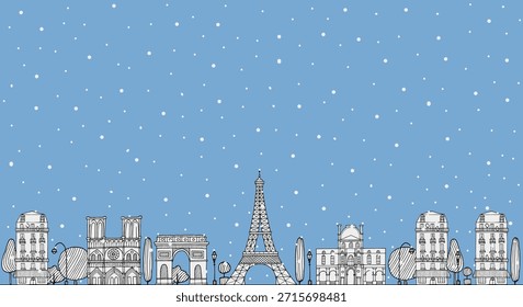 Winter Paris Hintergrund horizontales Banner mit Architektur Skyline in handgezeichneter Skizze doodle Stil in weißer Kontur in Farbe des Jahres 2026 Cloud Tänzer. Schneefall fällt. Leerzeichen für Text.