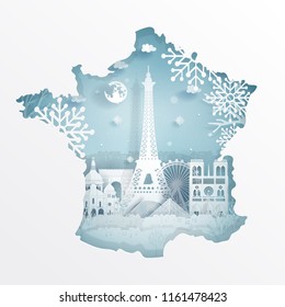 Winter in Paris, France with map concept and Parisian famous landmarks in paper cut style vector illustration. Travel poster, postcard and advertising design.