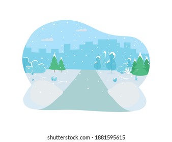 Winter park 2D vector web banner, poster. Snowing on street. Cold weather. Holiday season flat illustration on cartoon background. Romantic valentines day printable patch, colorful web element