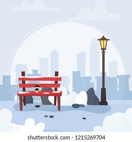 Winter park with bench, coffee and lantern. Flat cartoon style vector illustration.