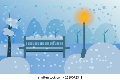 winter park with bench landscape glowing lamp blue gradient vector flat design illustration