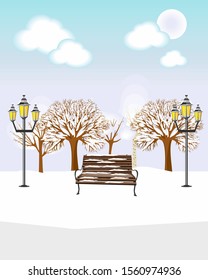 Winter park bench snow background