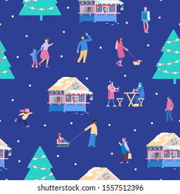 Winter Park Christmas Fair Flat Vector Seamless Pattern . Tiny people in park, park cafe, Christmas tree. New year pattern. Winter activities. 