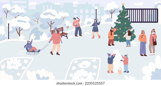 Winter Park with Christmas tree. Happy smiling people having fun outside in the park. Leisure time during winter holidays. Children playing snowballs, building snowman. Flat cartoon vector 