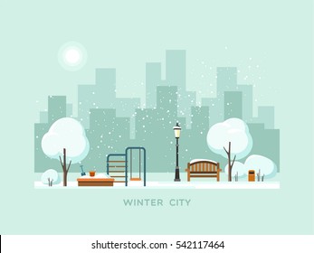 Winter park in the city with children playground. Vector illustration.