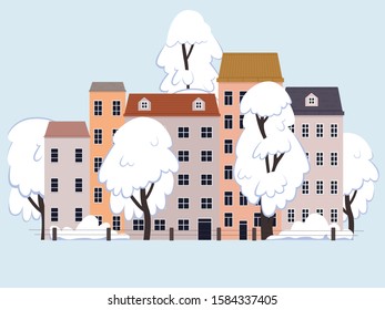 Winter park in the city. Vector illustration.