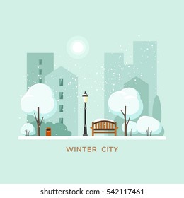 Parque de invierno en la ciudad. Ilustración vectorial.