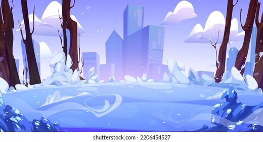 Winter park or country landscape with modern city buildings on skyline. Wintry countryside scene with trees, bushes, white snow and town on horizon, vector cartoon illustration