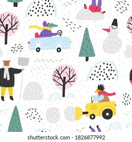 Winter park with cute animals. Winter landscape. Snow removal. Cute seamless psttern.