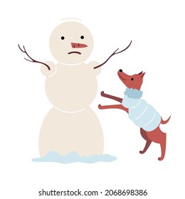 Winter park, a dog in a down jacket plays with a snowman. The snowman was scared and displeased. Winter vector illustration in flat style for poster, cards, invitations, banners, brochures, t-shirts