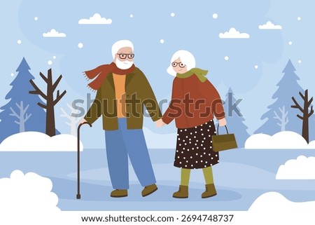 Winter park, elderly people outdoor activity. Aged love couple walking at nature, snow, frozen nature. Old man and woman in warm clothes. Winter forest, cold weather, snowflakes. flat vector