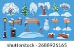 Winter park elements. Cartoon snow trees, snowy nature ice lake frozen pond snowdrift bushes city street scenery christmas fir frost forest landscape, set neat vector illustration