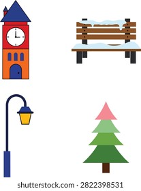 Winter Park Elements with Clock Tower Bench Street Lamp and Pine Tree