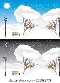 Winter park in the evening and daytime. Vector