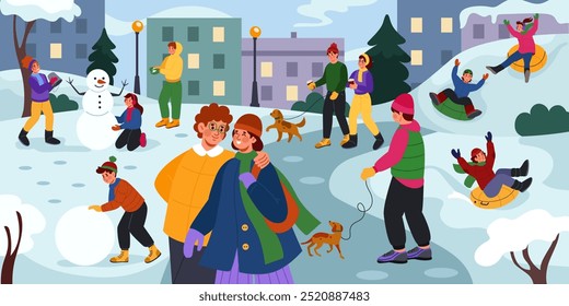 Winter park. Family in nature. Cold season leisure. Woman and man outdoor walking with dog. Snowy landscape. Kids play snowball game. Fun snowman. Ice skating. Vector tidy cartoon strolling people