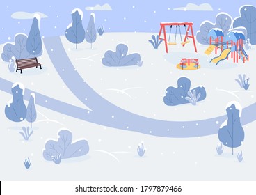 Winter park flat color vector illustration. Public park and with bench and playground equipment. Snowy weather. Outdoor recreation area in winter 2D cartoon landscape with snowy trees on background