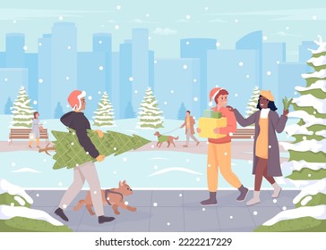 Ilustración vectorial de color plano de parque invernal. Fiesta navideña. Caminadores de perros. Preparación para la temporada de invierno. Personajes de dibujos animados sencillos en 2D totalmente editables con ambiente festivo de Navidad en segundo plano