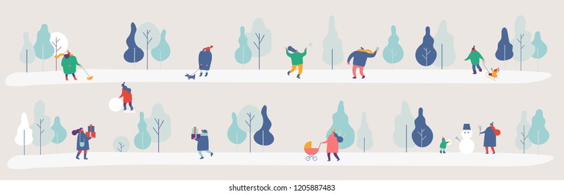 Winter Park gorizontal banner. Season background simple people characters have outdoor activities  Flat vector illustration. 