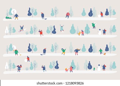 Winter Park gorizontal banner. Season background simple people characters have outdoor activities  Flat vector illustration. 