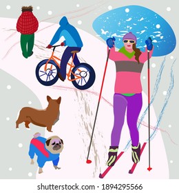 Winter park landscape with a skier. Vector color illustration.