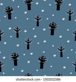Winter park at night. Snowy forest. Creative kids texture for wrapping, textile, wallpaper, apparel and fabric. Winter background.