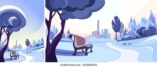 Winter park on background of city. Nature landscape in vertical and horizontal orientation.