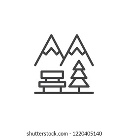 Winter park outline icon. linear style sign for mobile concept and web design. Snowy mountains, tree and bench simple line vector icon. Symbol, logo illustration. Pixel perfect vector graphics